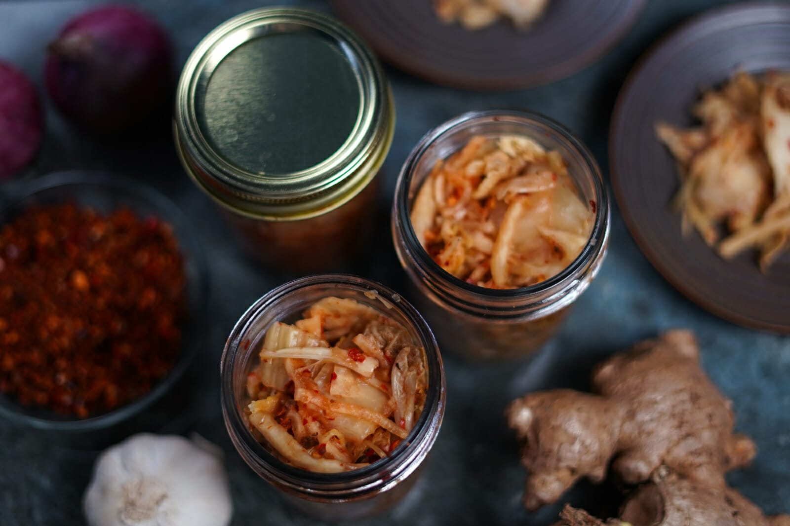 filipino kimchi in jars with vegetables