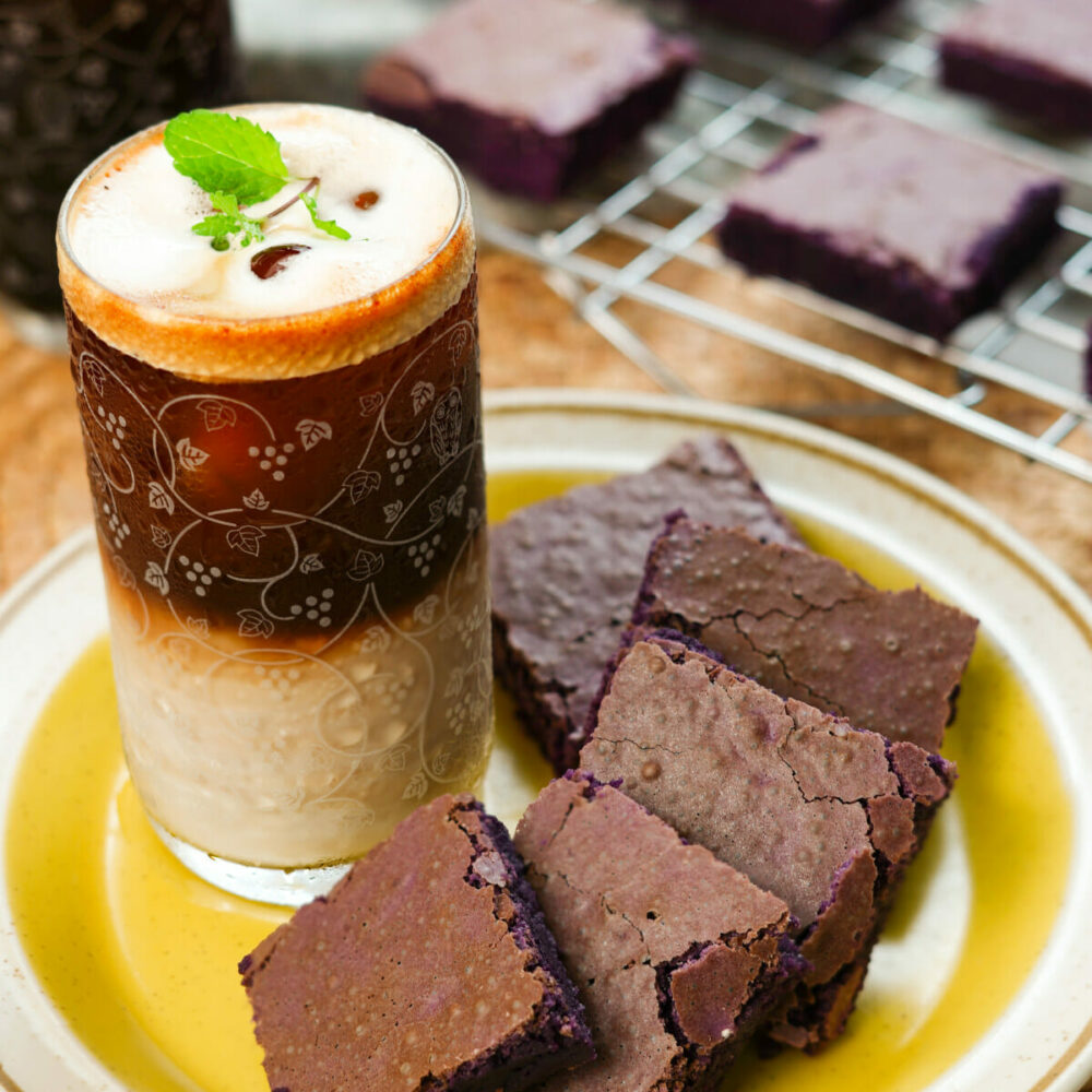 baked ube brownies with drink